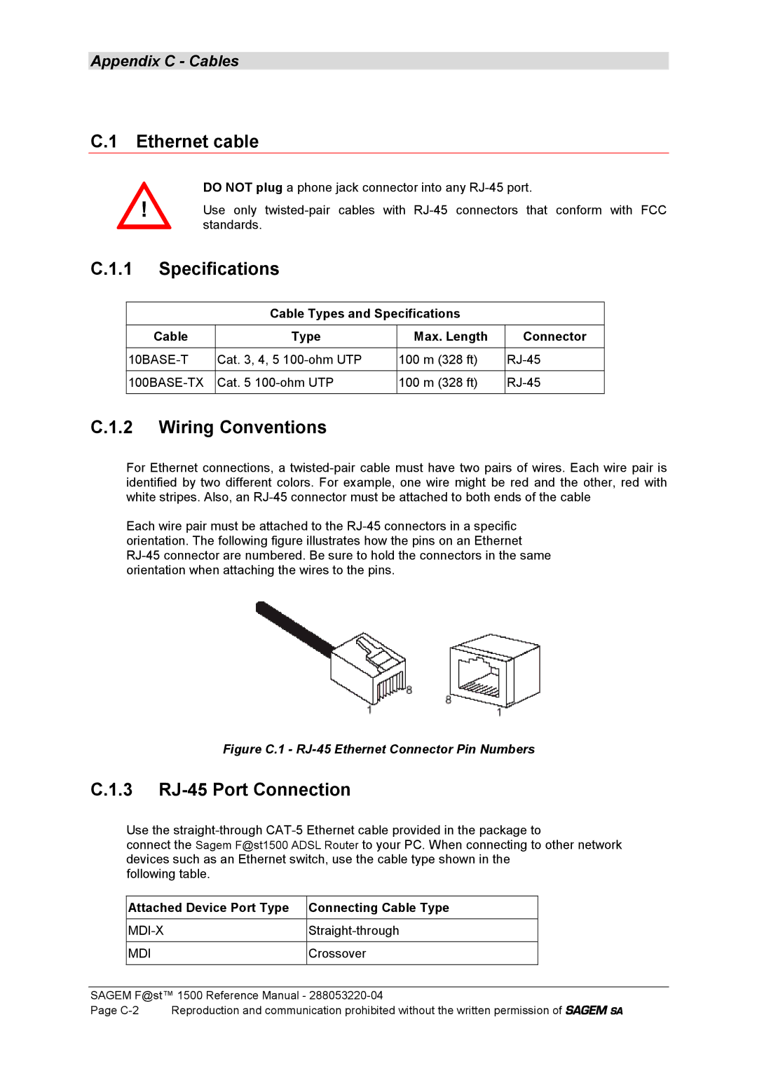 Sagem 1500WG manual Ethernet cable, Specifications, Wiring Conventions, 3 RJ-45 Port Connection 