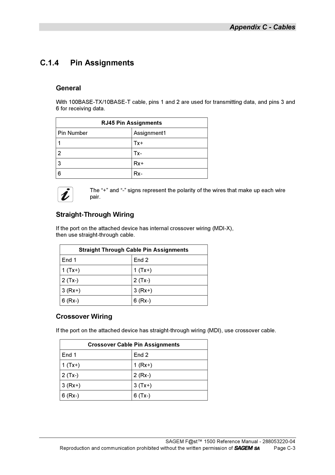 Sagem 1500WG manual Pin Assignments, General, Straight-Through Wiring, Crossover Wiring 