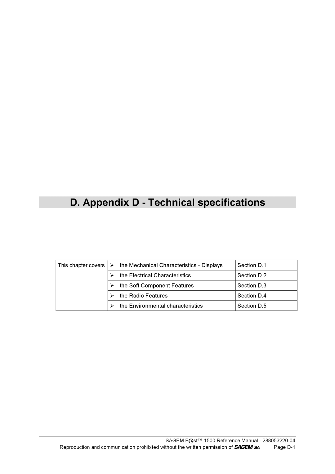 Sagem 1500WG manual Appendix D Technical specifications 