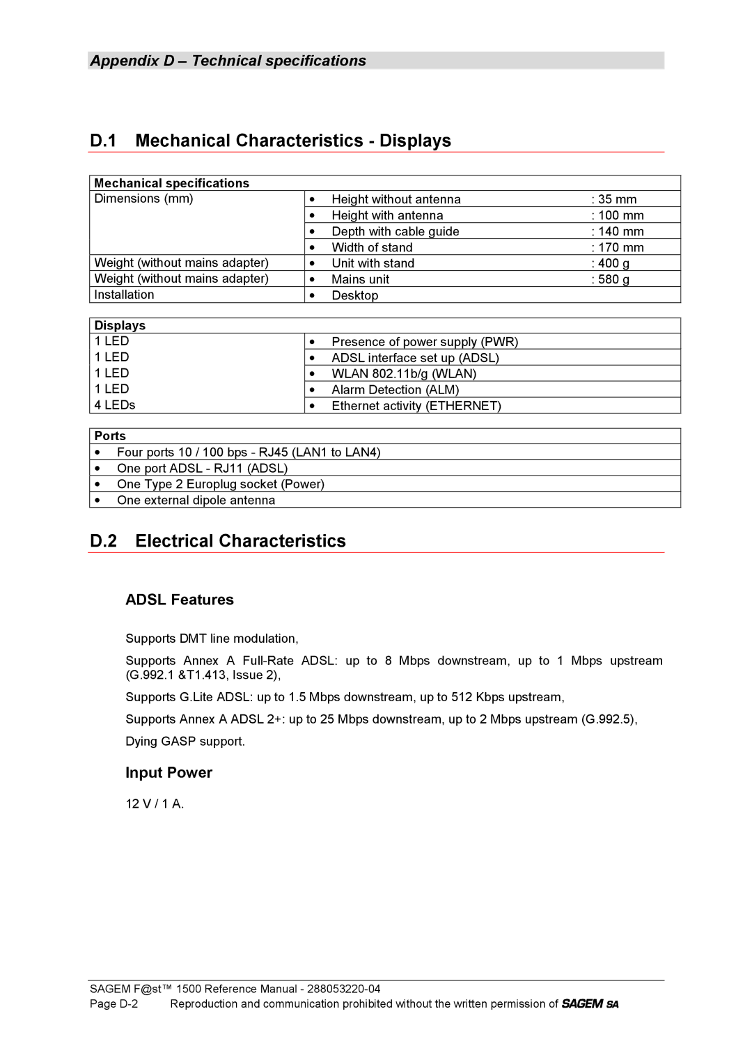 Sagem 1500WG manual Mechanical Characteristics Displays, Electrical Characteristics, Adsl Features, Input Power 