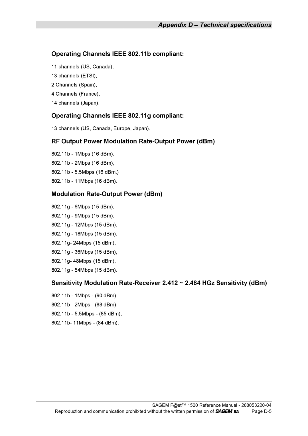 Sagem 1500WG manual Operating Channels Ieee 802.11b compliant, Operating Channels Ieee 802.11g compliant 