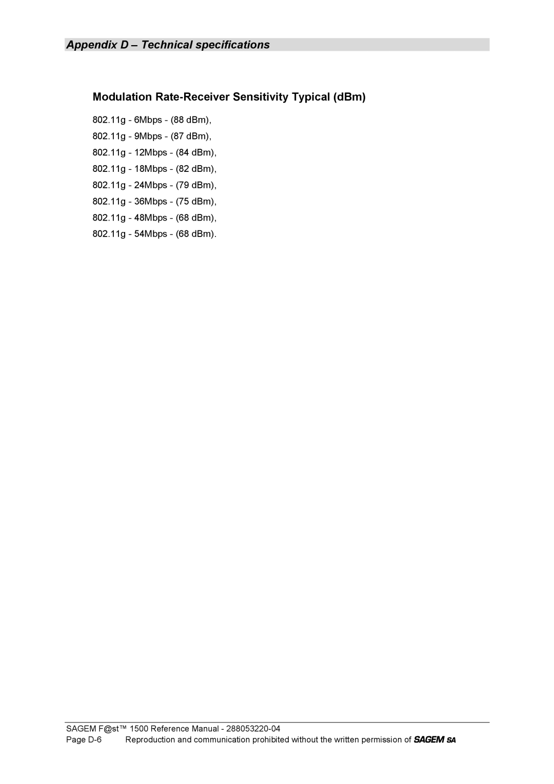 Sagem 1500WG manual Modulation Rate-Receiver Sensitivity Typical dBm 