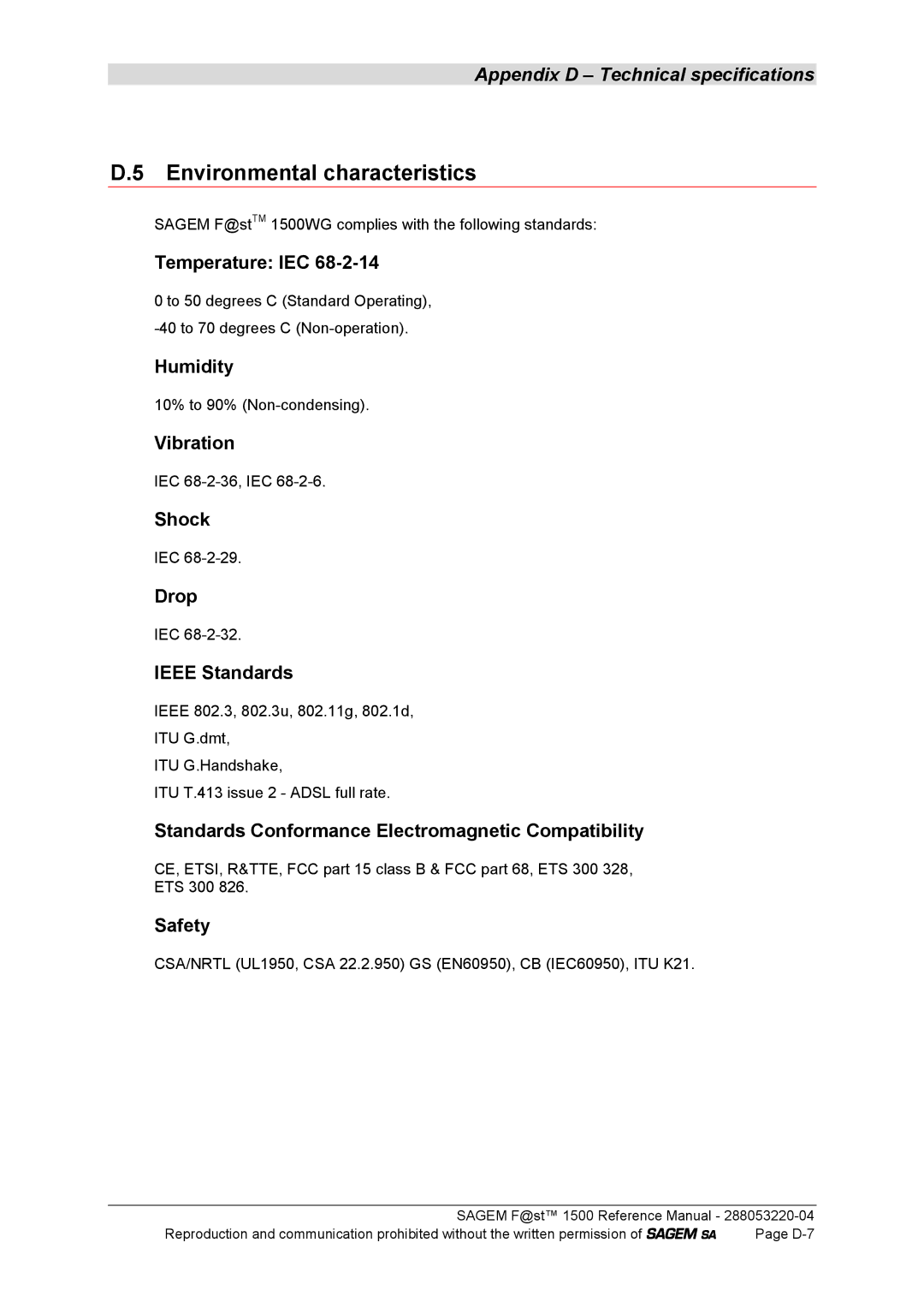 Sagem 1500WG manual Environmental characteristics 