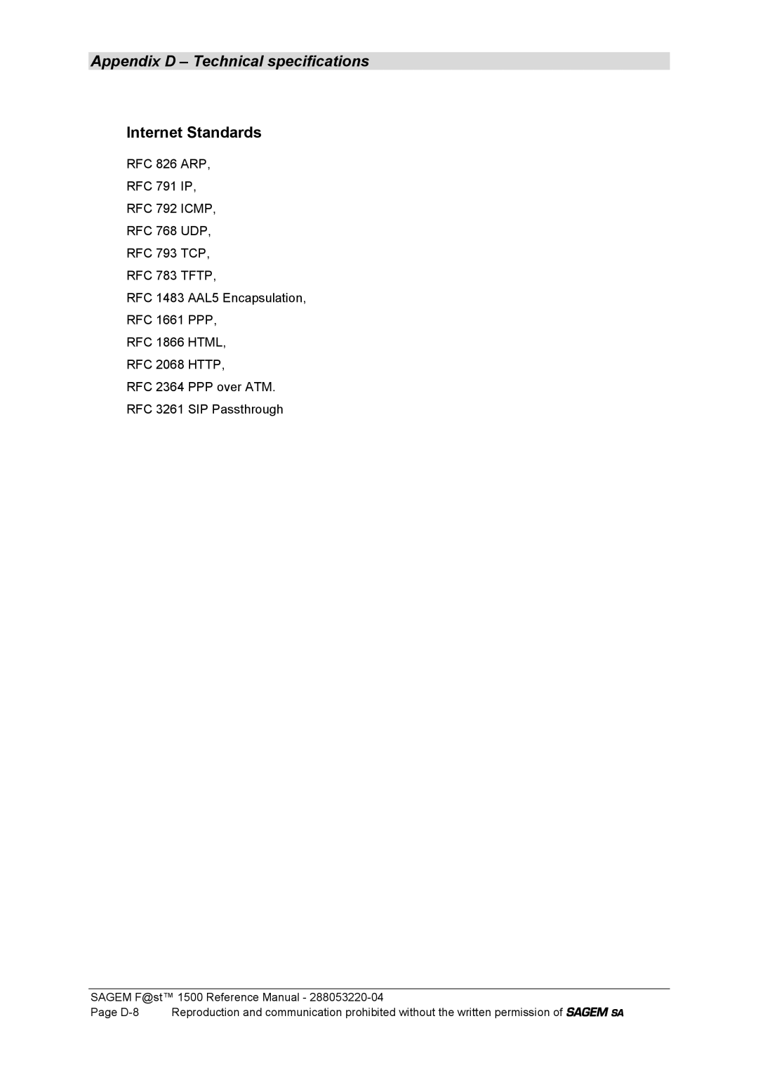 Sagem 1500WG manual Internet Standards 