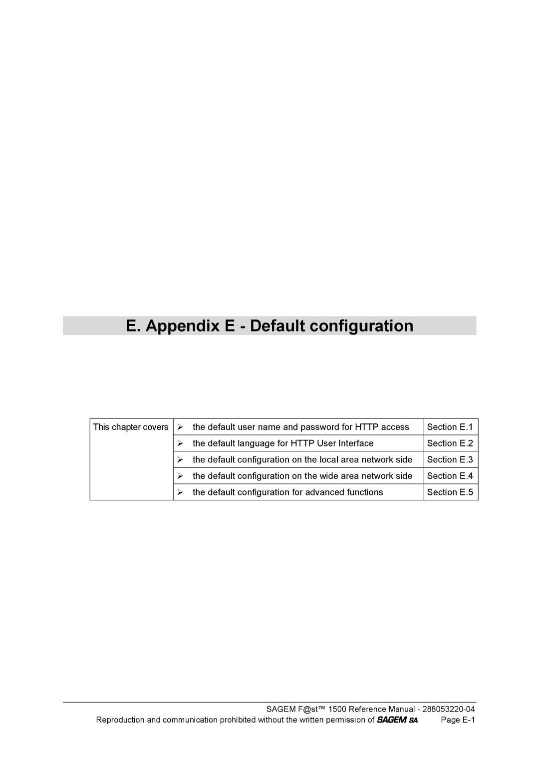 Sagem 1500WG manual Appendix E Default configuration 