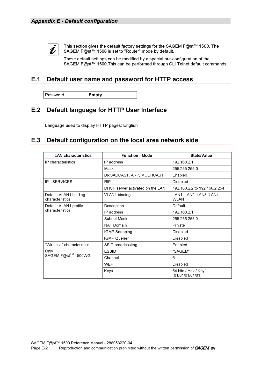 Sagem 1500WG manual Default user name and password for Http access, Default language for Http User Interface, Empty 