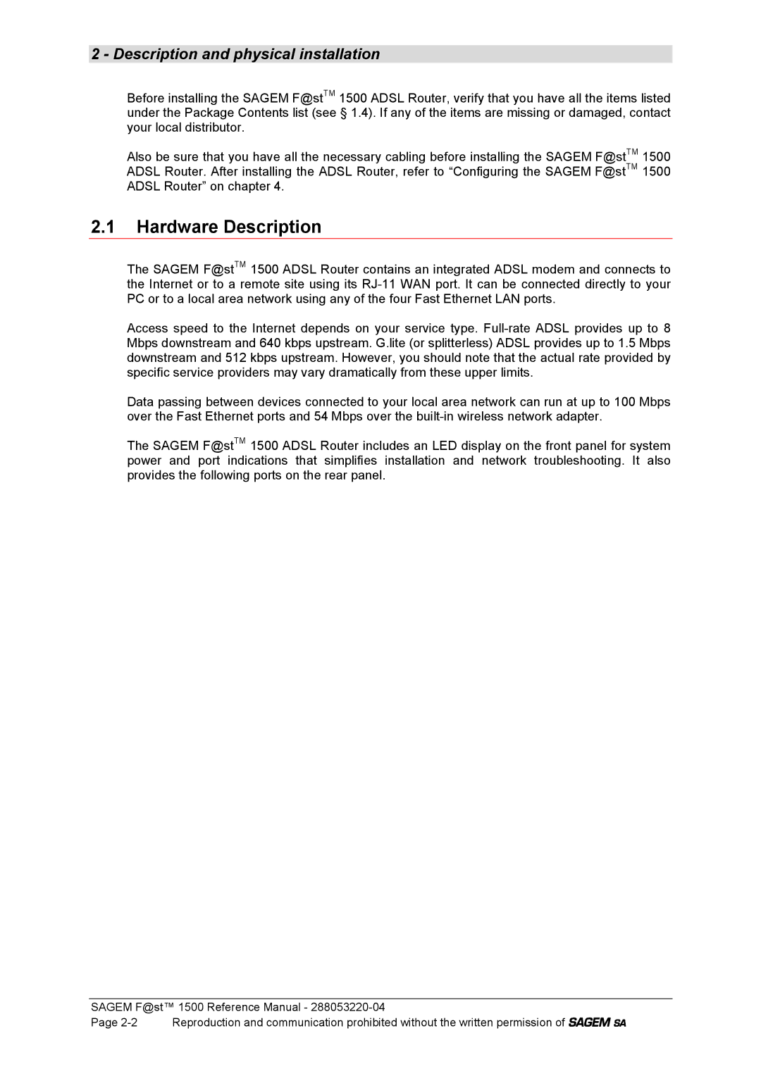 Sagem 1500WG manual Hardware Description, Description and physical installation 