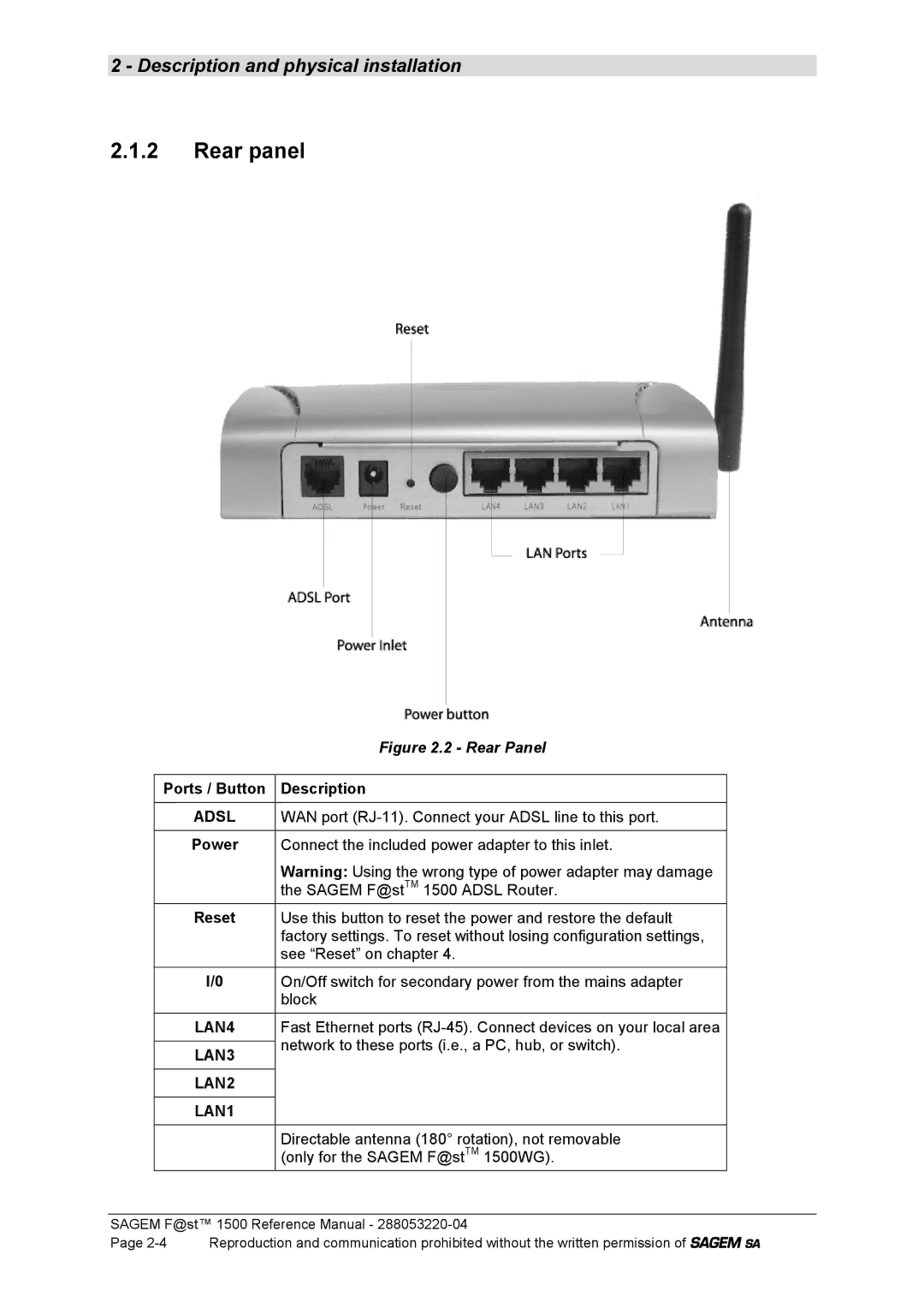 Sagem 1500WG manual Rear panel, Ports / Button Description, Reset, Power 