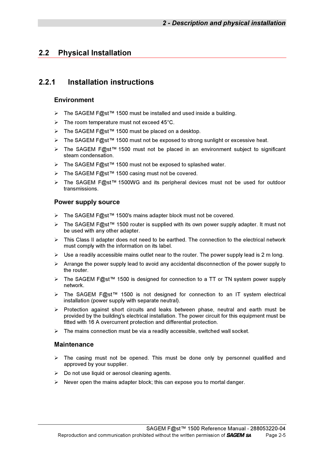 Sagem 1500WG manual Physical Installation Installation instructions, Environment, Power supply source, Maintenance 