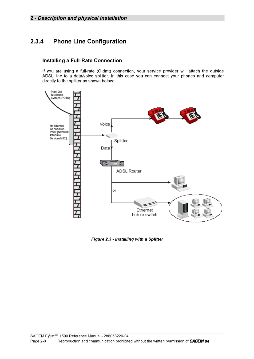 Sagem 1500WG manual Phone Line Configuration, Installing a Full-Rate Connection 