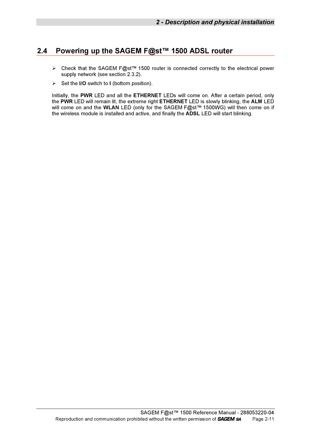 Sagem 1500WG manual Powering up the Sagem F@st 1500 Adsl router 