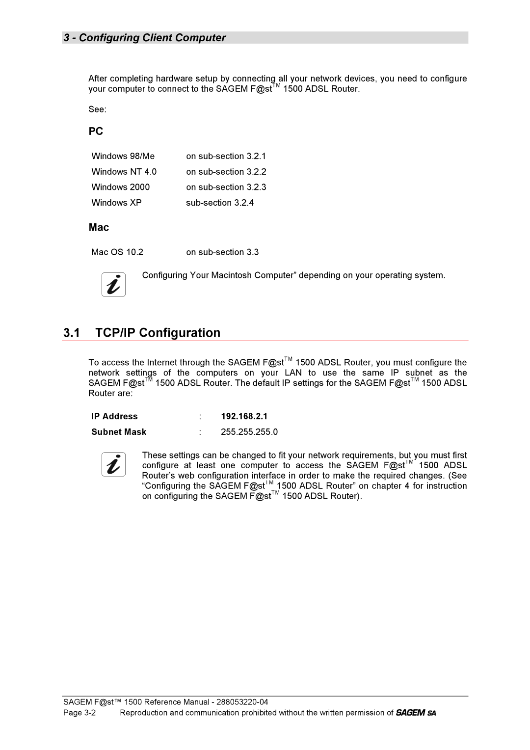 Sagem 1500WG manual TCP/IP Configuration, Mac, IP Address 192.168.2.1 Subnet Mask 255.255.255.0 