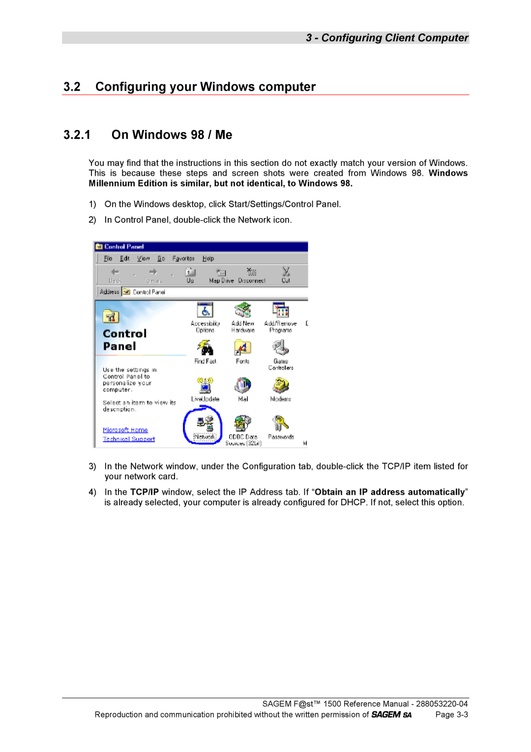 Sagem 1500WG manual Configuring your Windows computer On Windows 98 / Me 