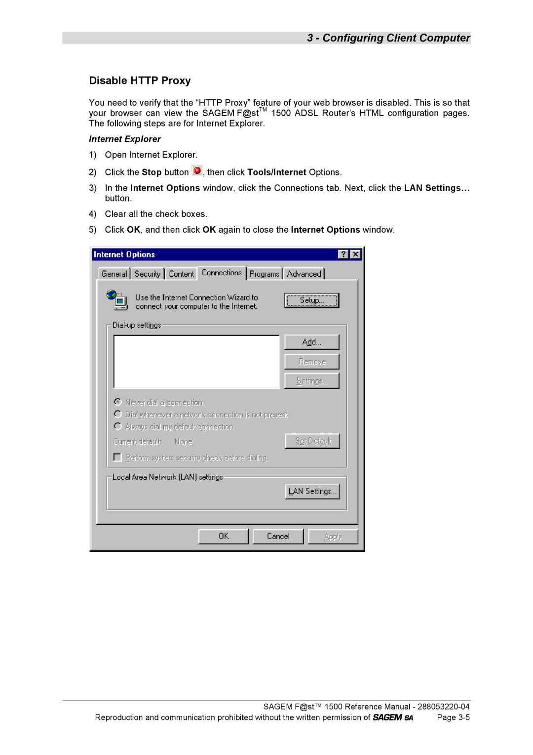 Sagem 1500WG manual Disable Http Proxy, Internet Explorer 