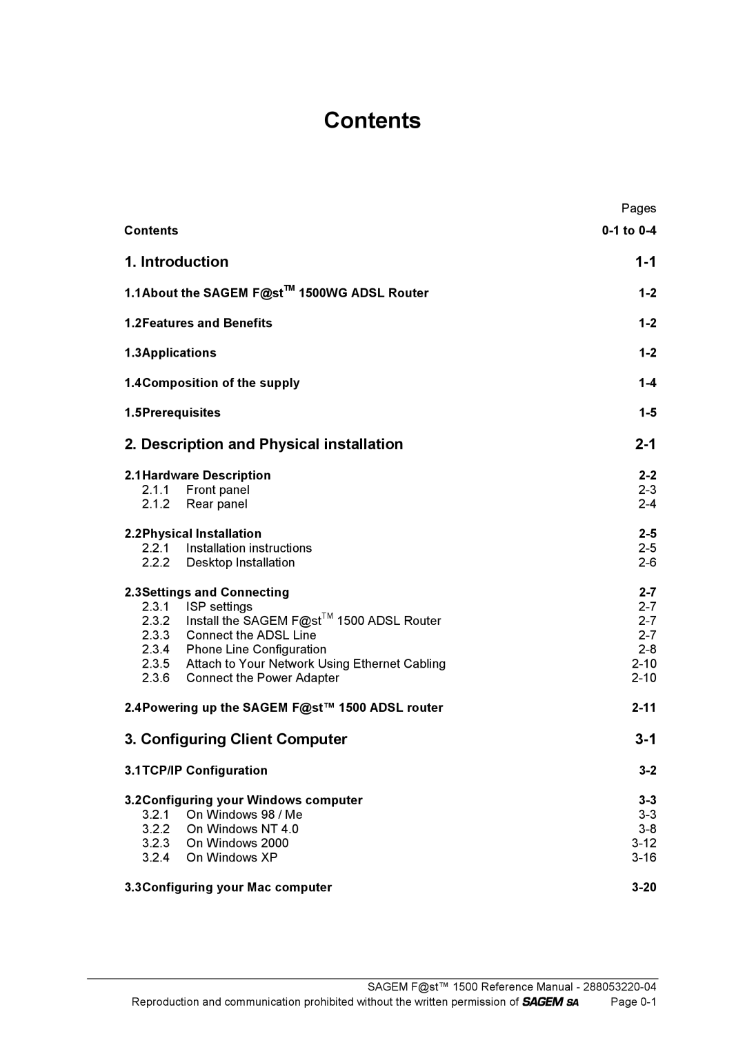 Sagem 1500WG manual Contents 