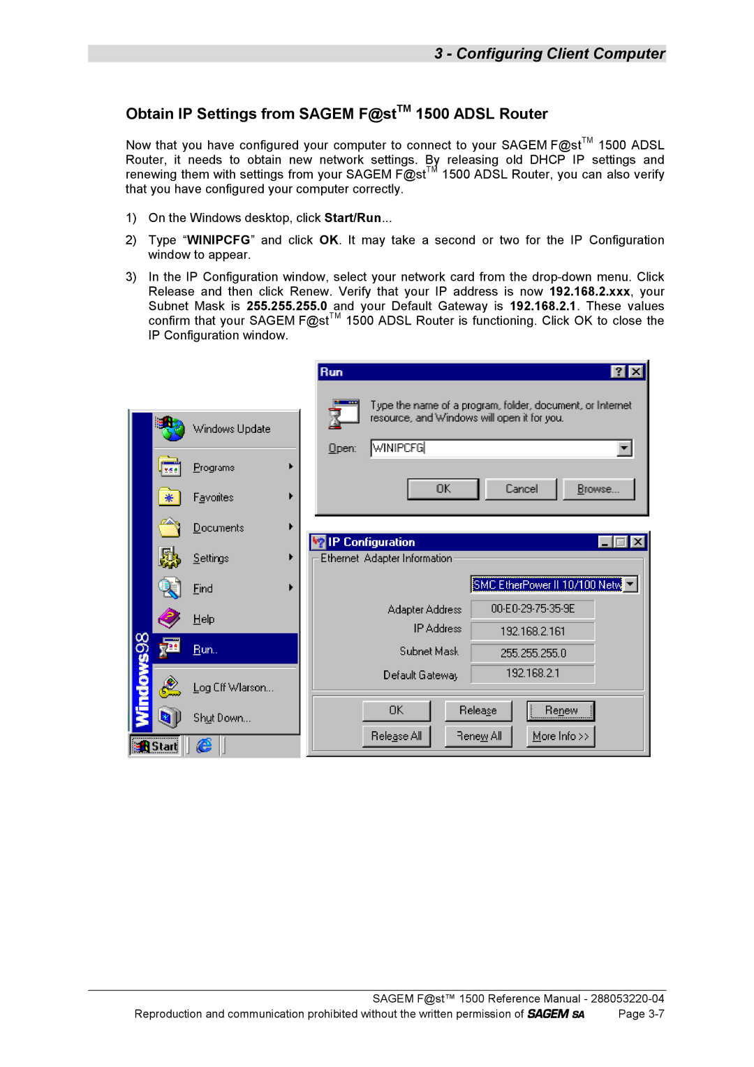 Sagem 1500WG manual Obtain IP Settings from Sagem F@stTM 1500 Adsl Router 