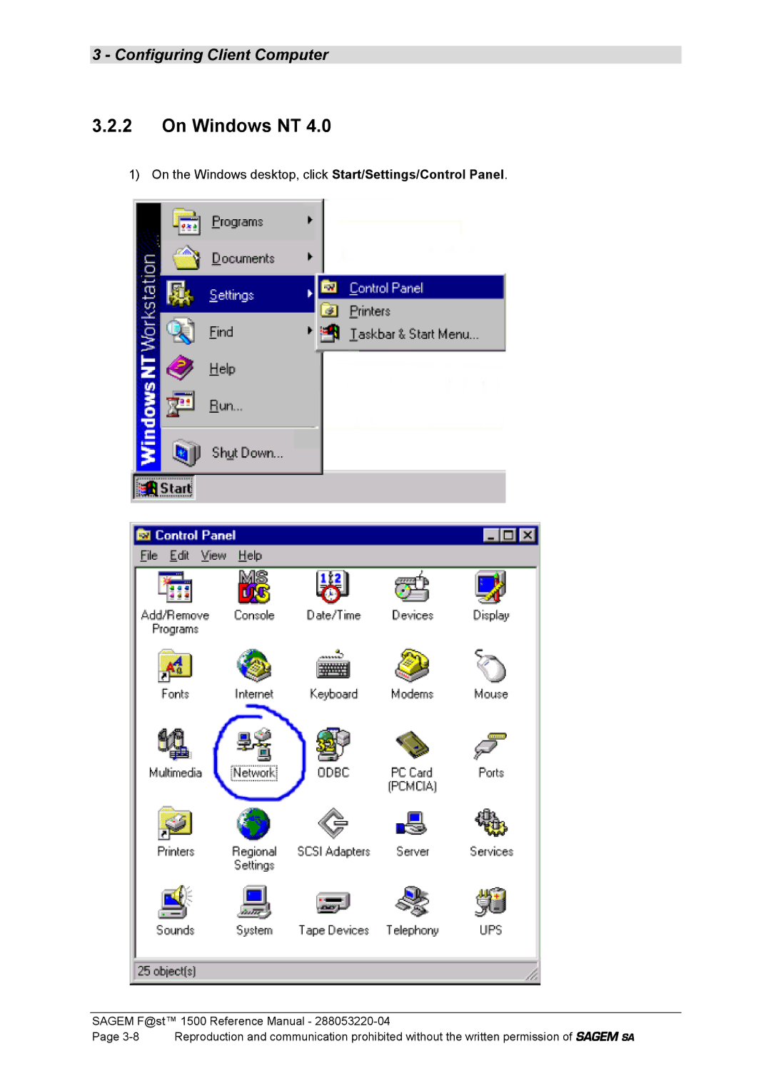 Sagem 1500WG manual On Windows NT, On the Windows desktop, click Start/Settings/Control Panel 