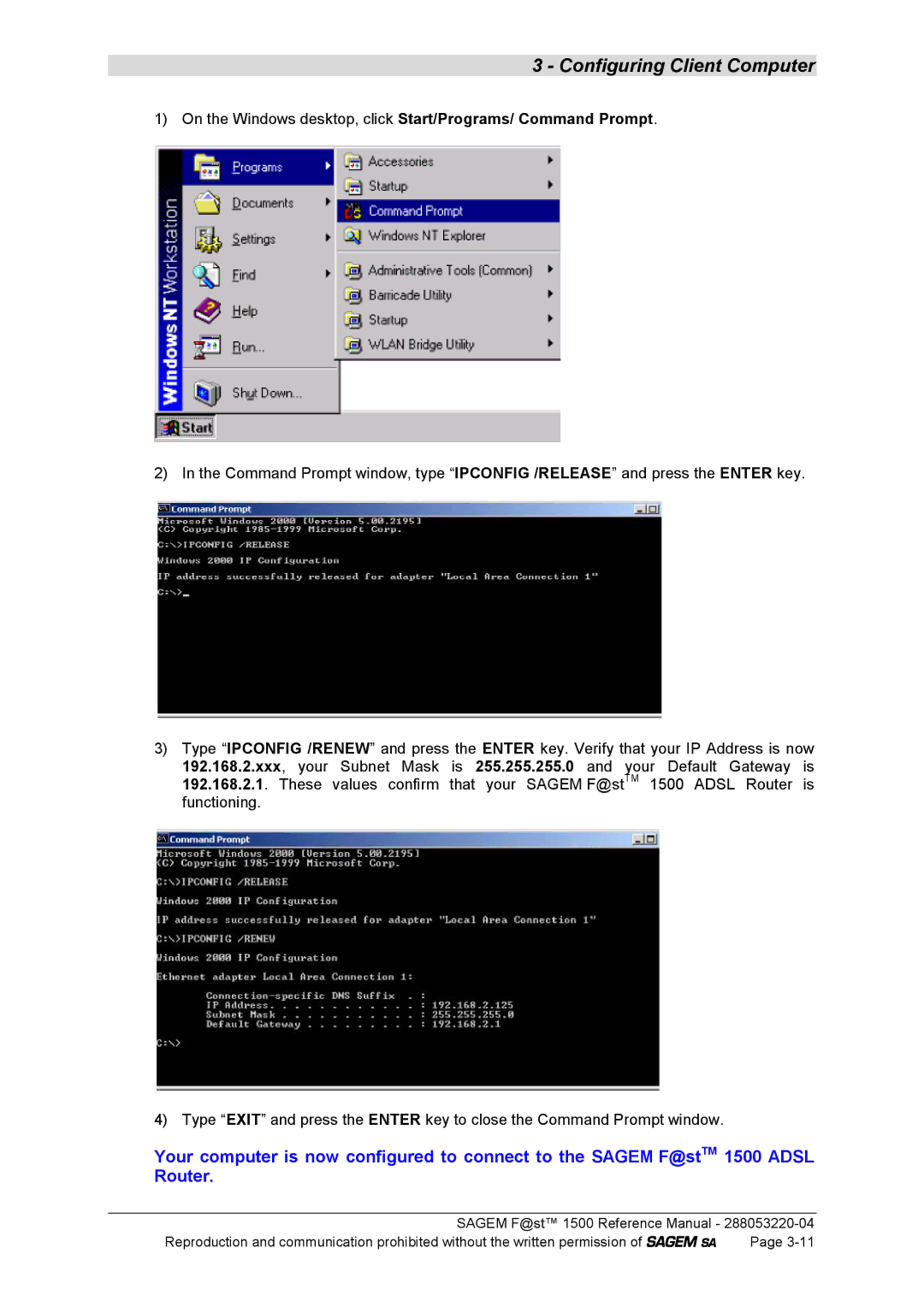 Sagem 1500WG manual Configuring Client Computer 