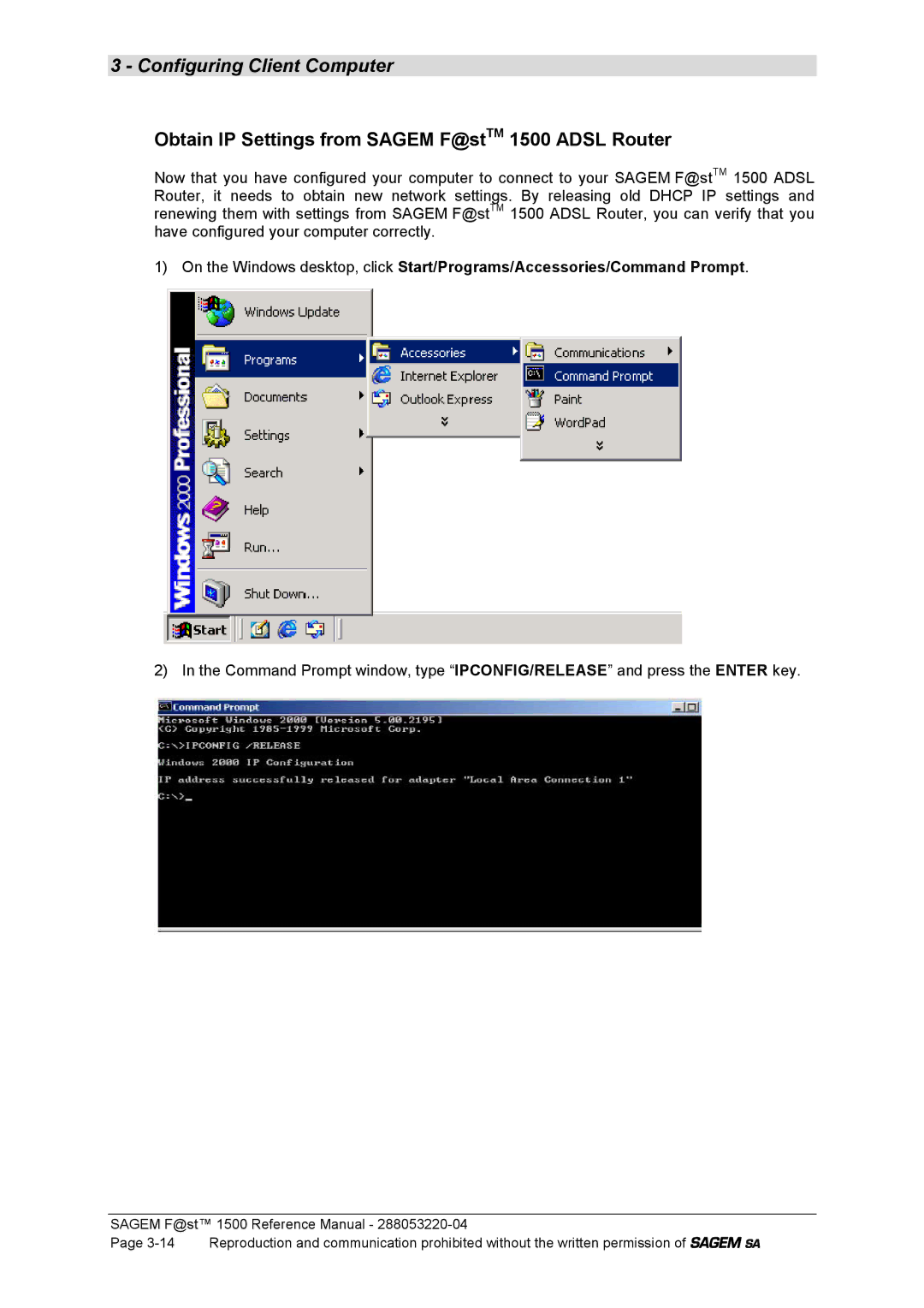 Sagem 1500WG manual Obtain IP Settings from Sagem F@stTM 1500 Adsl Router 