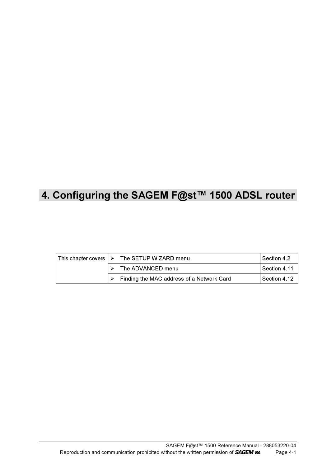 Sagem 1500WG manual Configuring the Sagem F@st 1500 Adsl router 