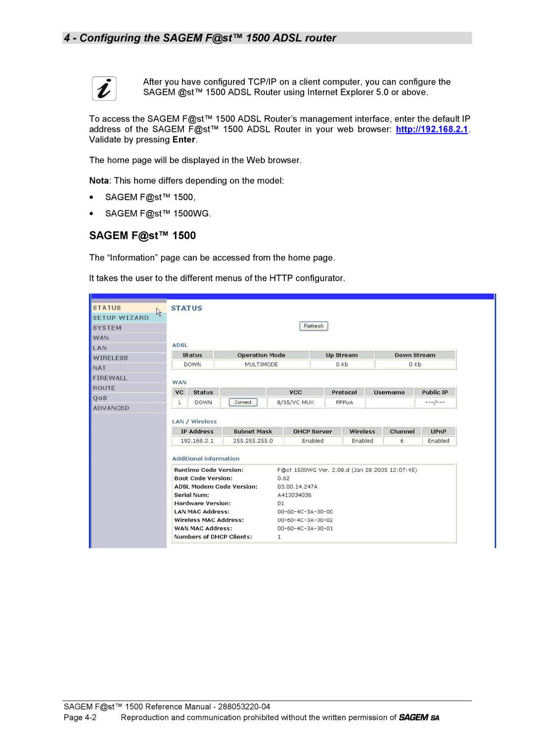 Sagem 1500WG manual Configuring the Sagem F@st 1500 Adsl router 