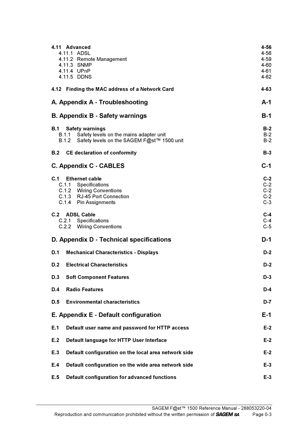 Sagem 1500 Appendix a Troubleshooting Appendix B Safety warnings, Appendix C Cables, Appendix D Technical specifications 