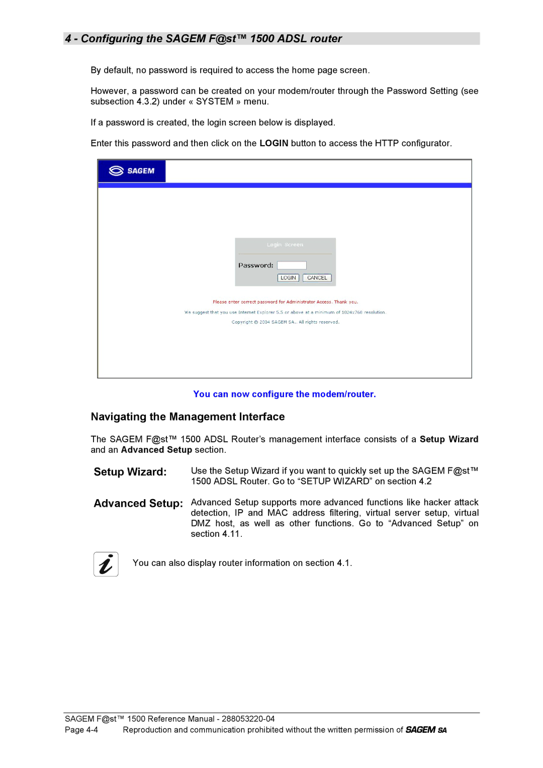 Sagem 1500WG manual Navigating the Management Interface, Setup Wizard Advanced Setup 