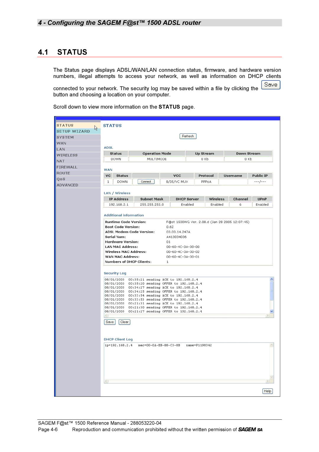 Sagem 1500WG manual Status 