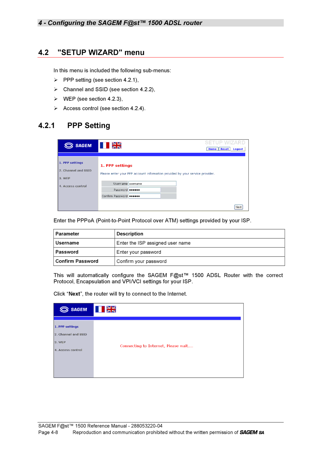 Sagem 1500WG manual Setup Wizard menu, PPP Setting 