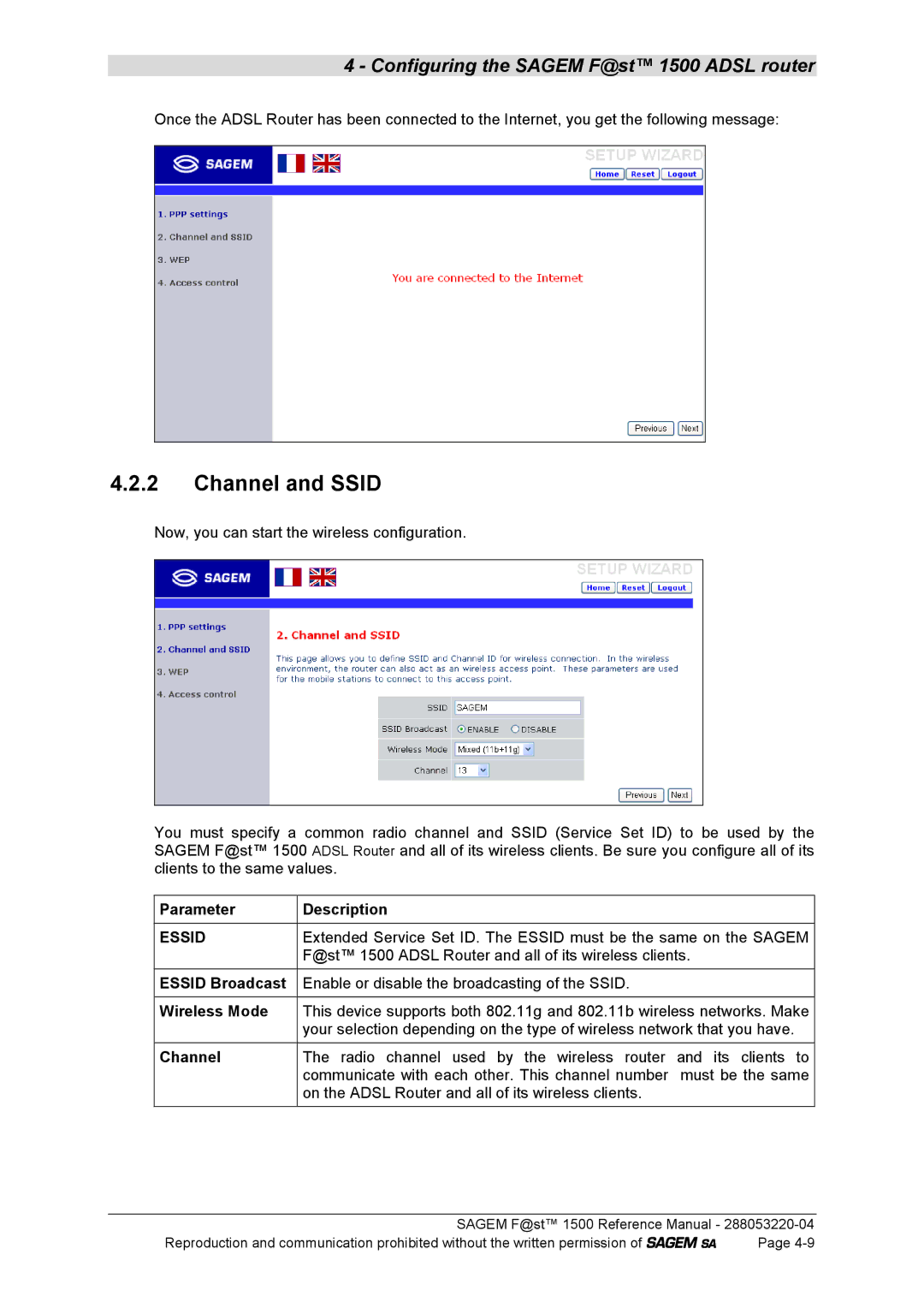 Sagem 1500WG manual Channel and Ssid, Parameter Description, Essid Broadcast, Wireless Mode 