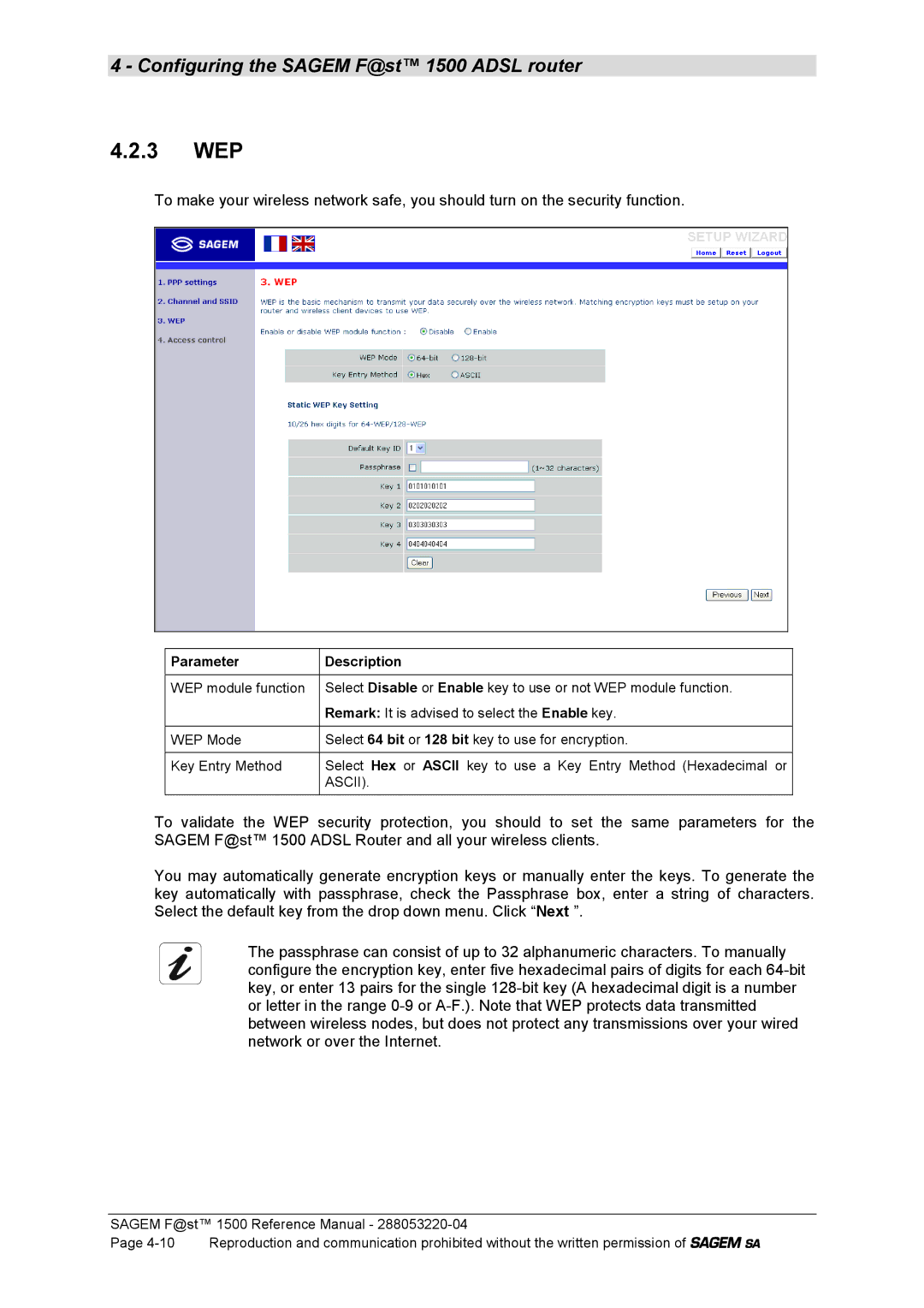 Sagem 1500WG manual 3 WEP, Parameter Description 