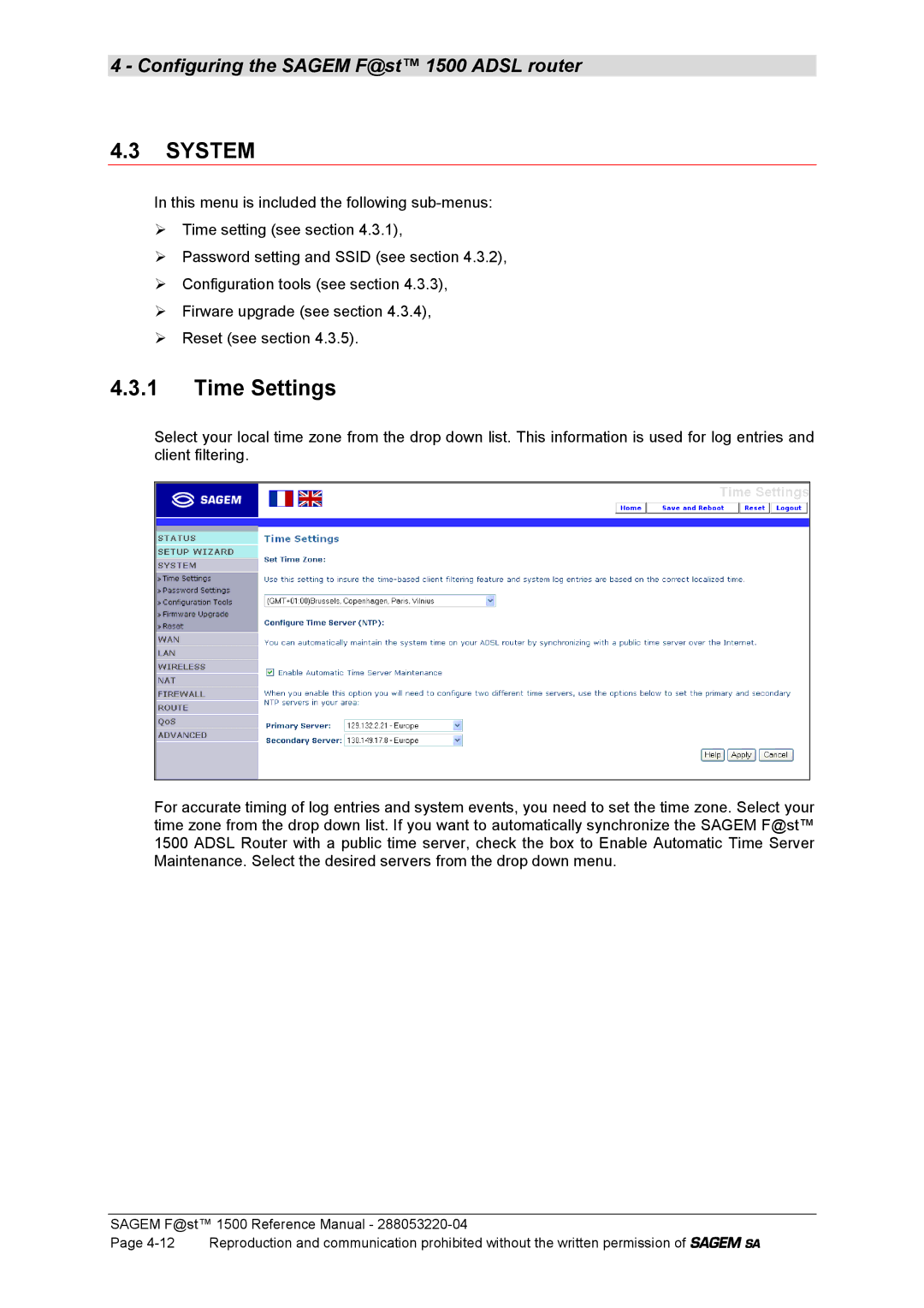 Sagem 1500WG manual System, Time Settings 