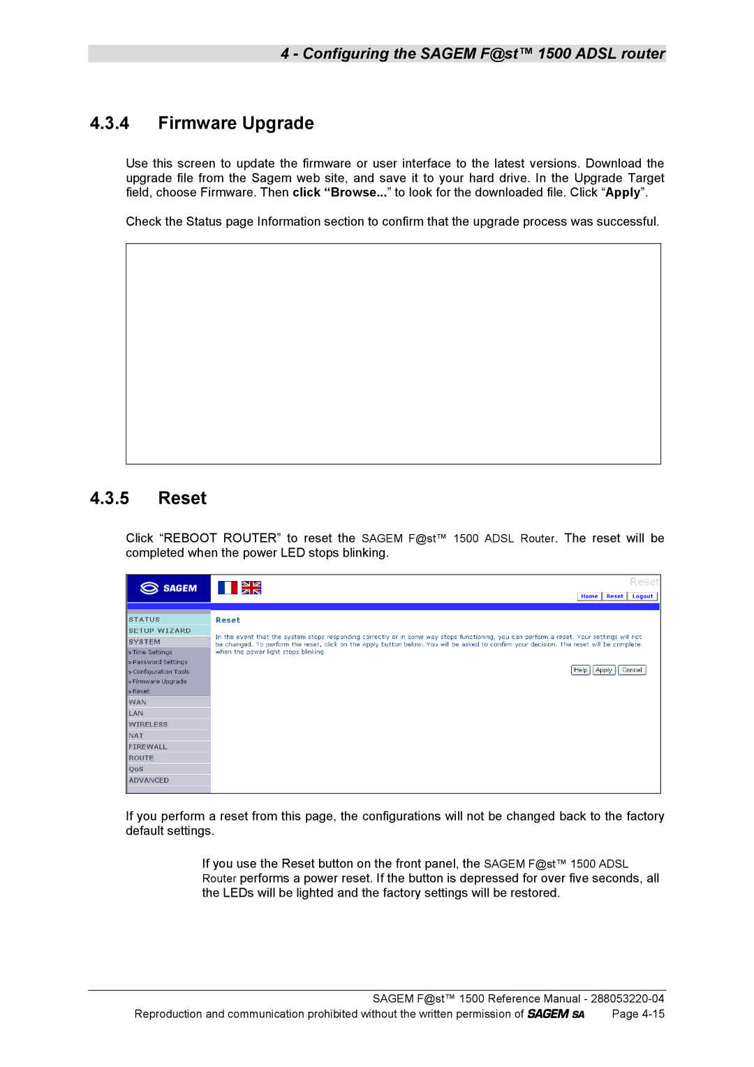 Sagem 1500WG manual Firmware Upgrade, Reset 