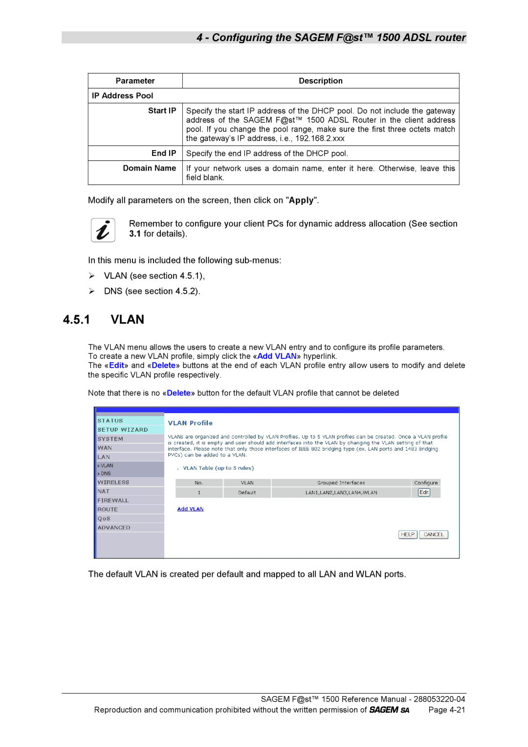 Sagem 1500WG manual Vlan, Parameter Description IP Address Pool Start IP, End IP, Domain Name 