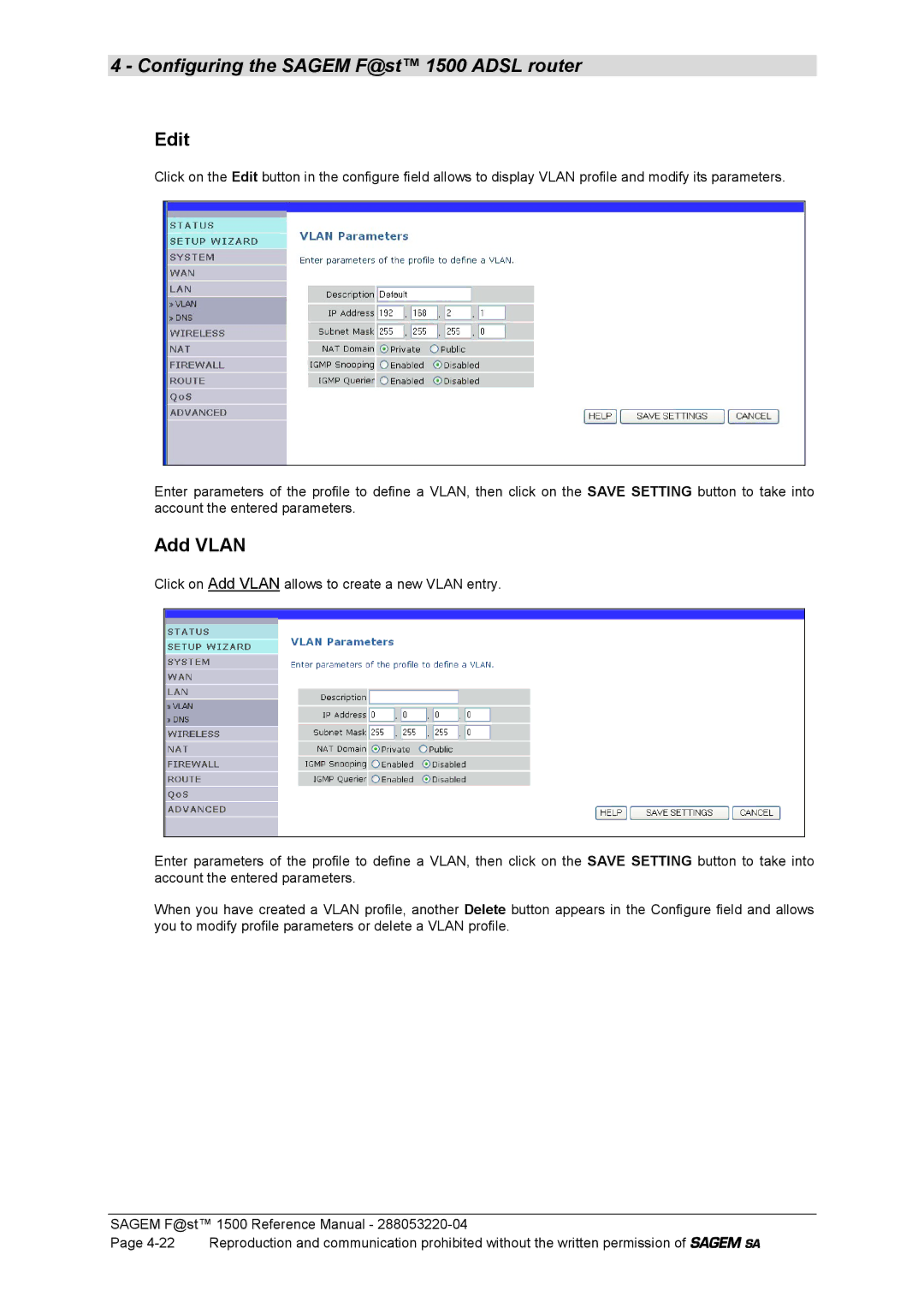 Sagem 1500WG manual Edit, Add Vlan 