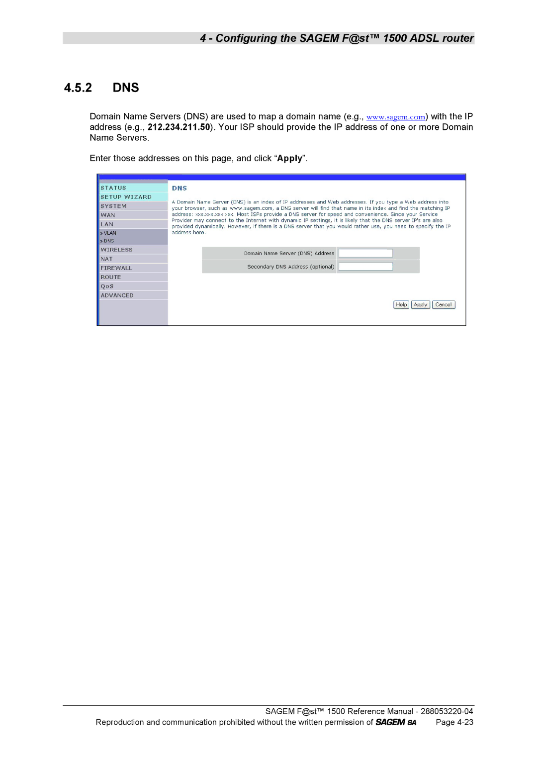 Sagem 1500WG manual 2 DNS, Enter those addresses on this page, and click Apply 