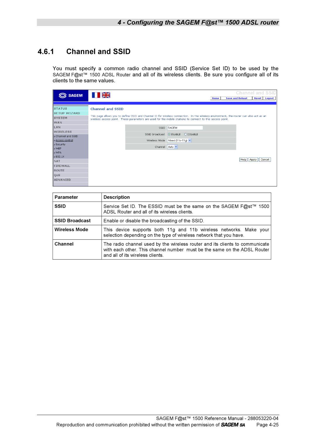 Sagem 1500WG manual Ssid Broadcast, Wireless Mode, Channel 