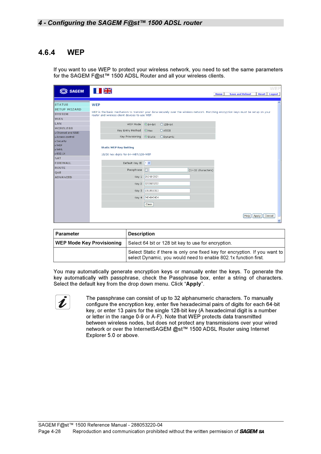 Sagem 1500WG manual 4 WEP, Parameter Description 