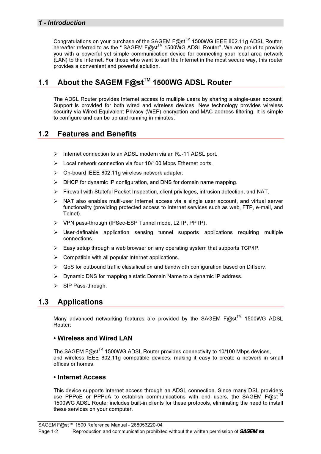 Sagem manual About the Sagem F@stTM 1500WG Adsl Router, Features and Benefits, Applications, Wireless and Wired LAN 