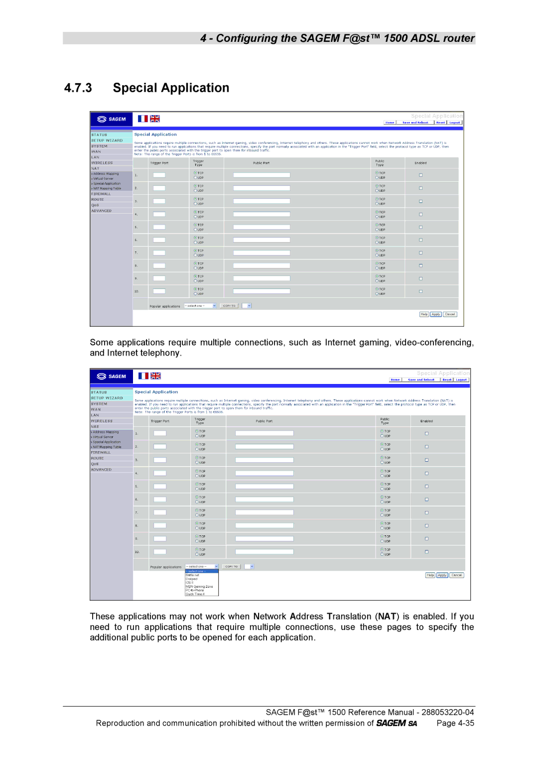 Sagem 1500WG manual Special Application 