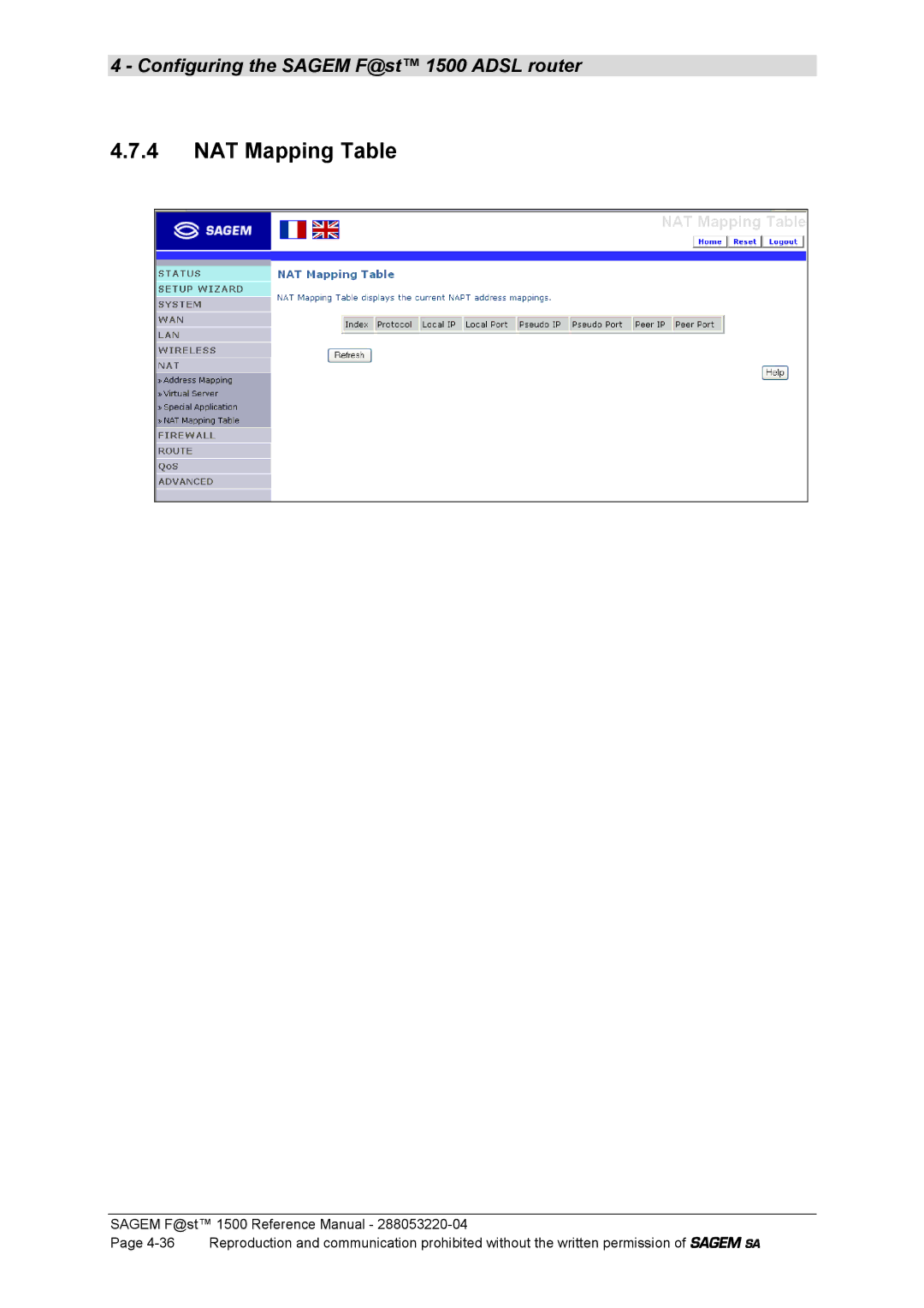 Sagem 1500WG manual NAT Mapping Table 