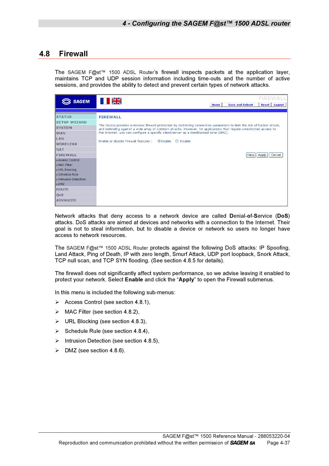 Sagem 1500WG manual Firewall 