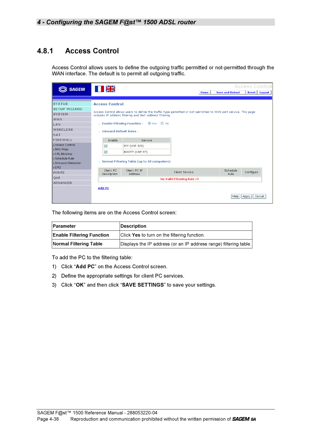 Sagem 1500WG manual Access Control 