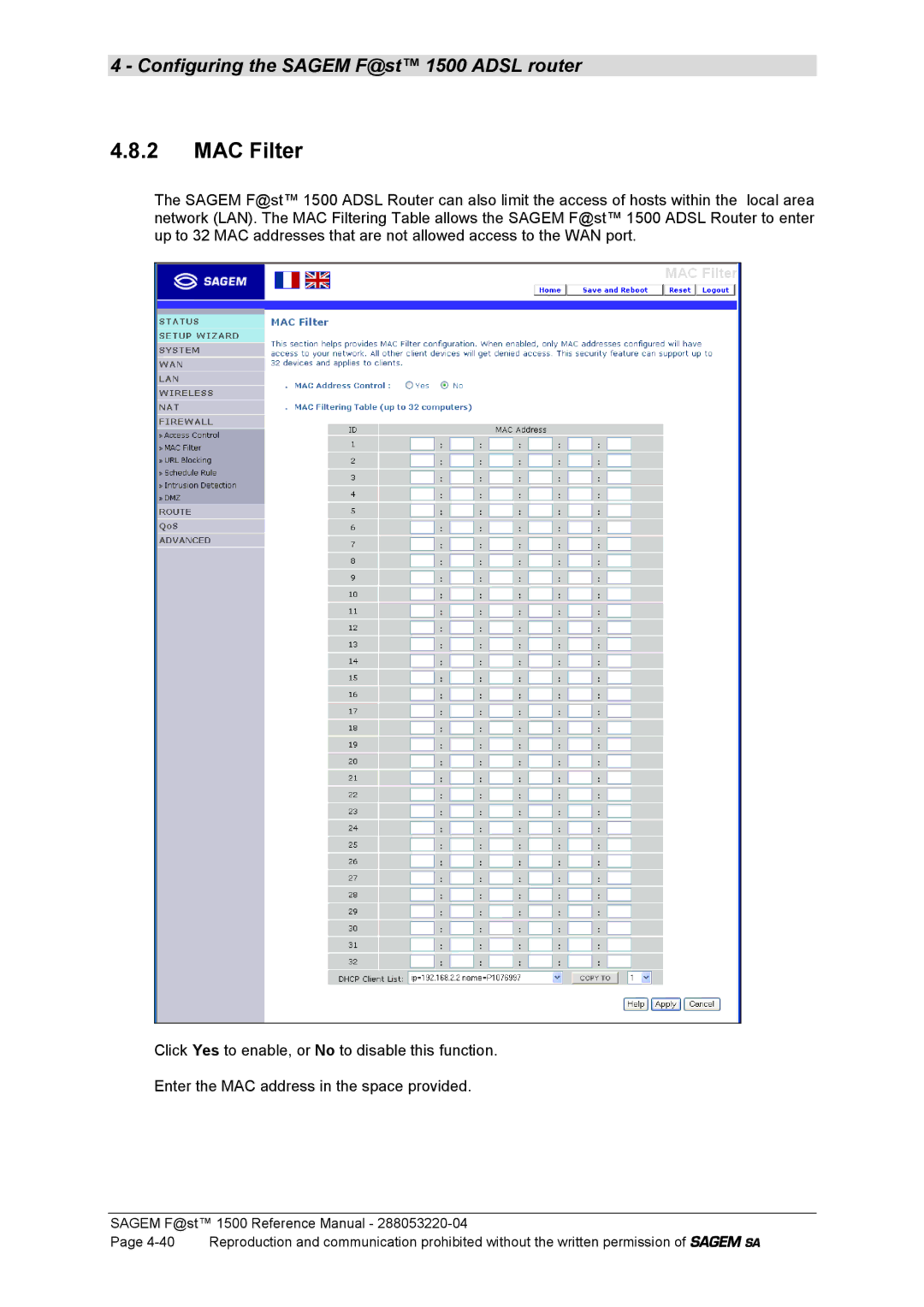 Sagem 1500WG manual MAC Filter 