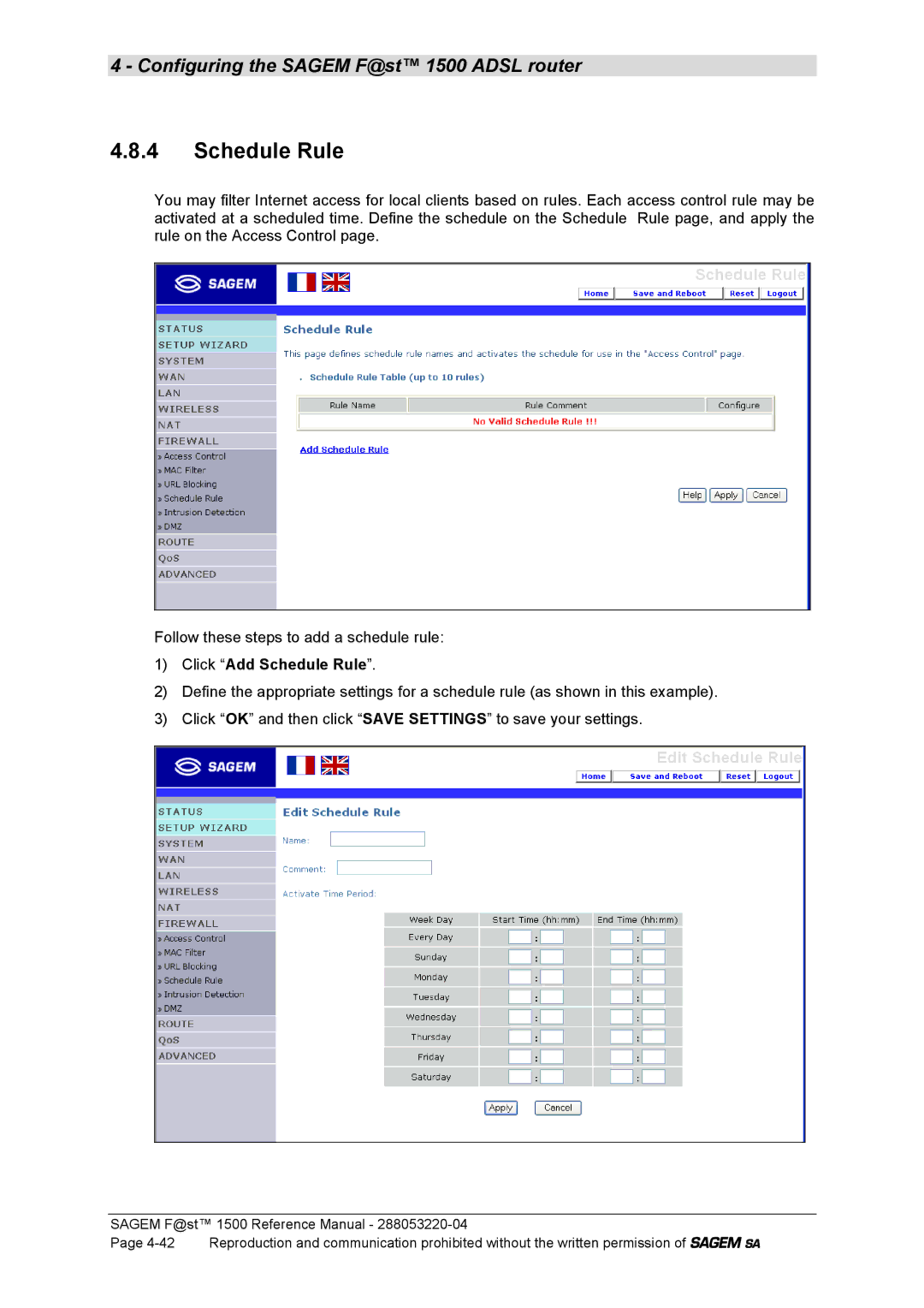 Sagem 1500WG manual Click Add Schedule Rule 