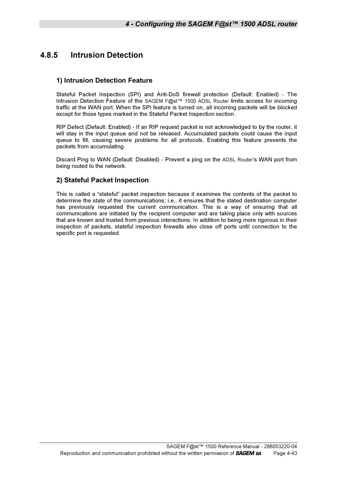 Sagem 1500WG manual Intrusion Detection Feature, Stateful Packet Inspection 