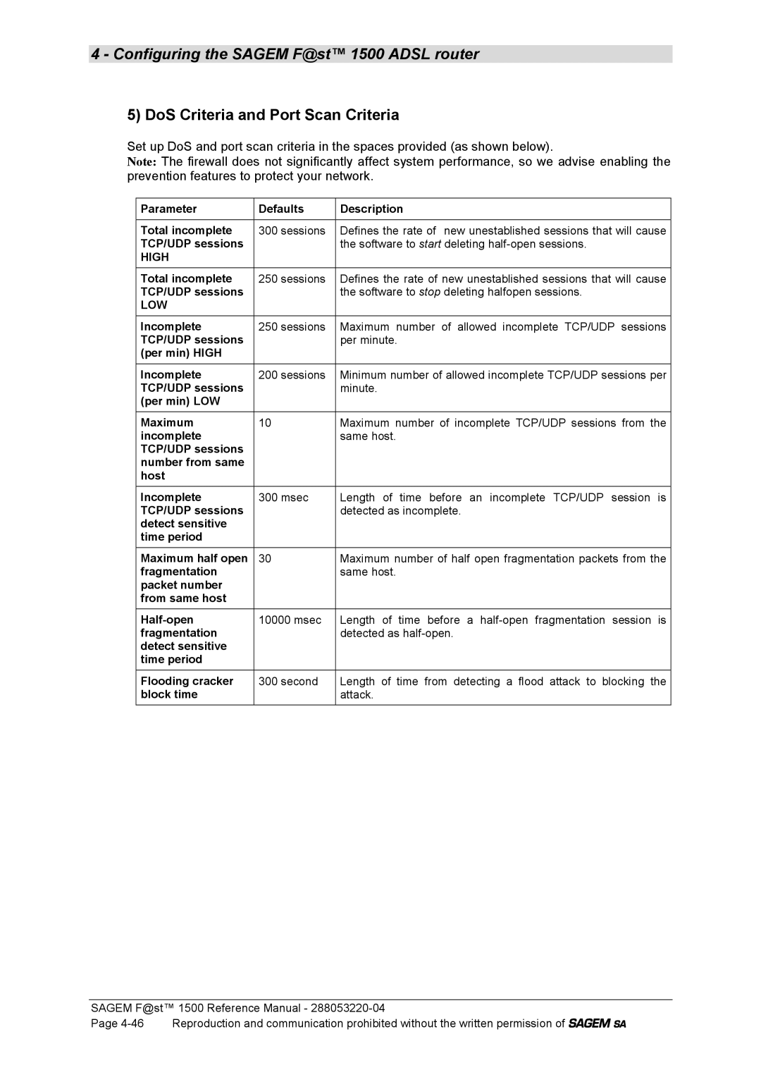 Sagem 1500WG manual DoS Criteria and Port Scan Criteria 