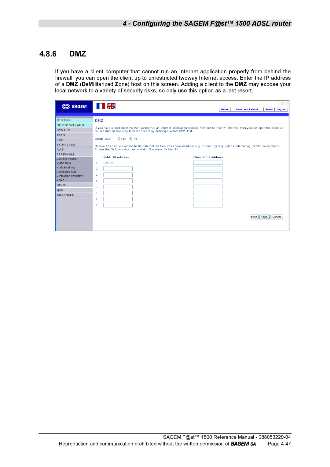 Sagem 1500WG manual 6 DMZ 