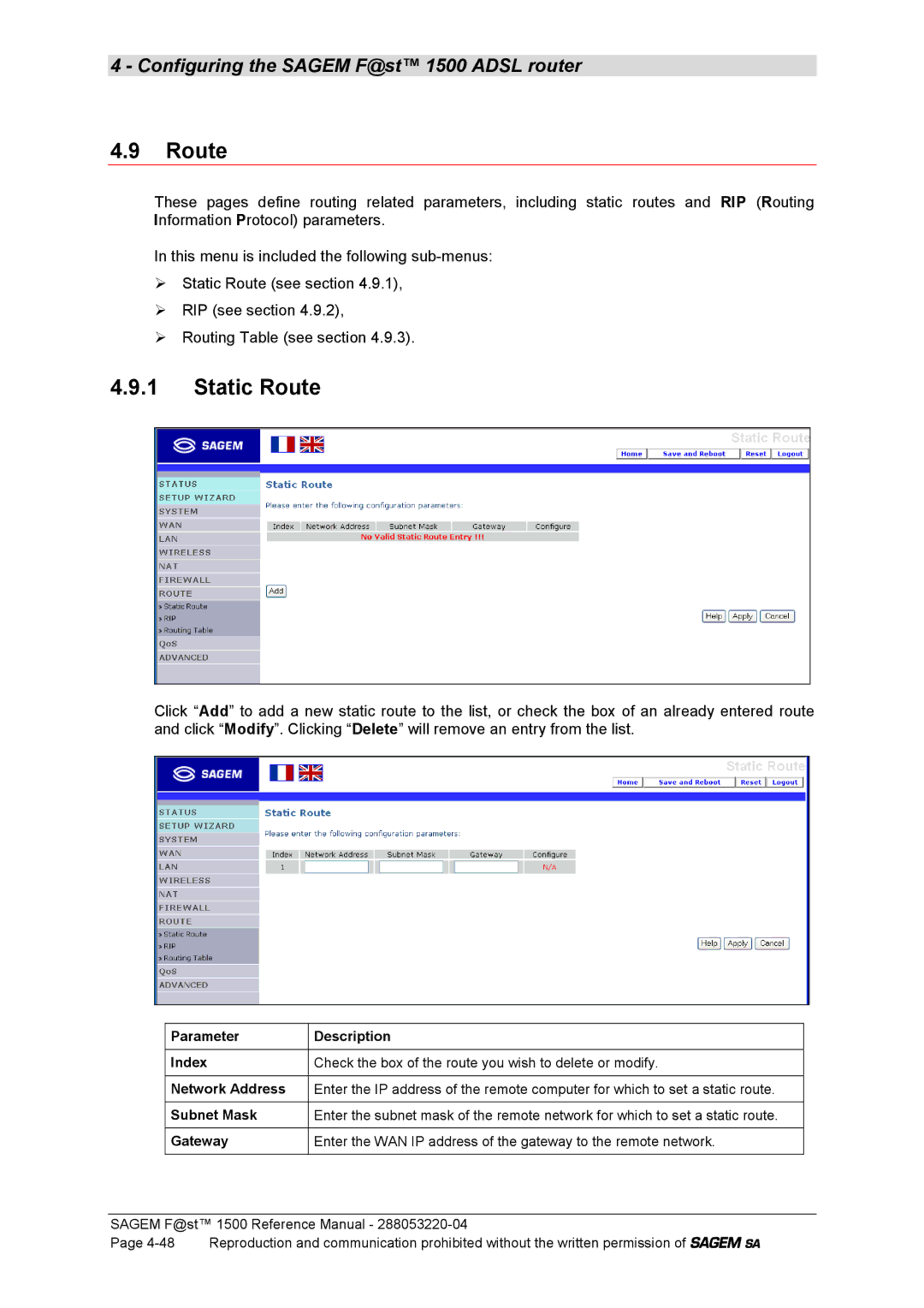 Sagem 1500WG manual Static Route 