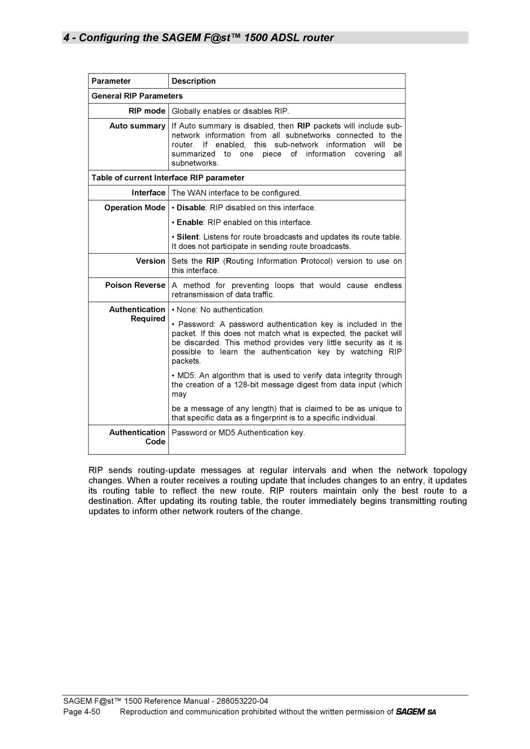 Sagem 1500WG Parameter Description General RIP Parameters, Table of current Interface RIP parameter, Operation Mode, Code 